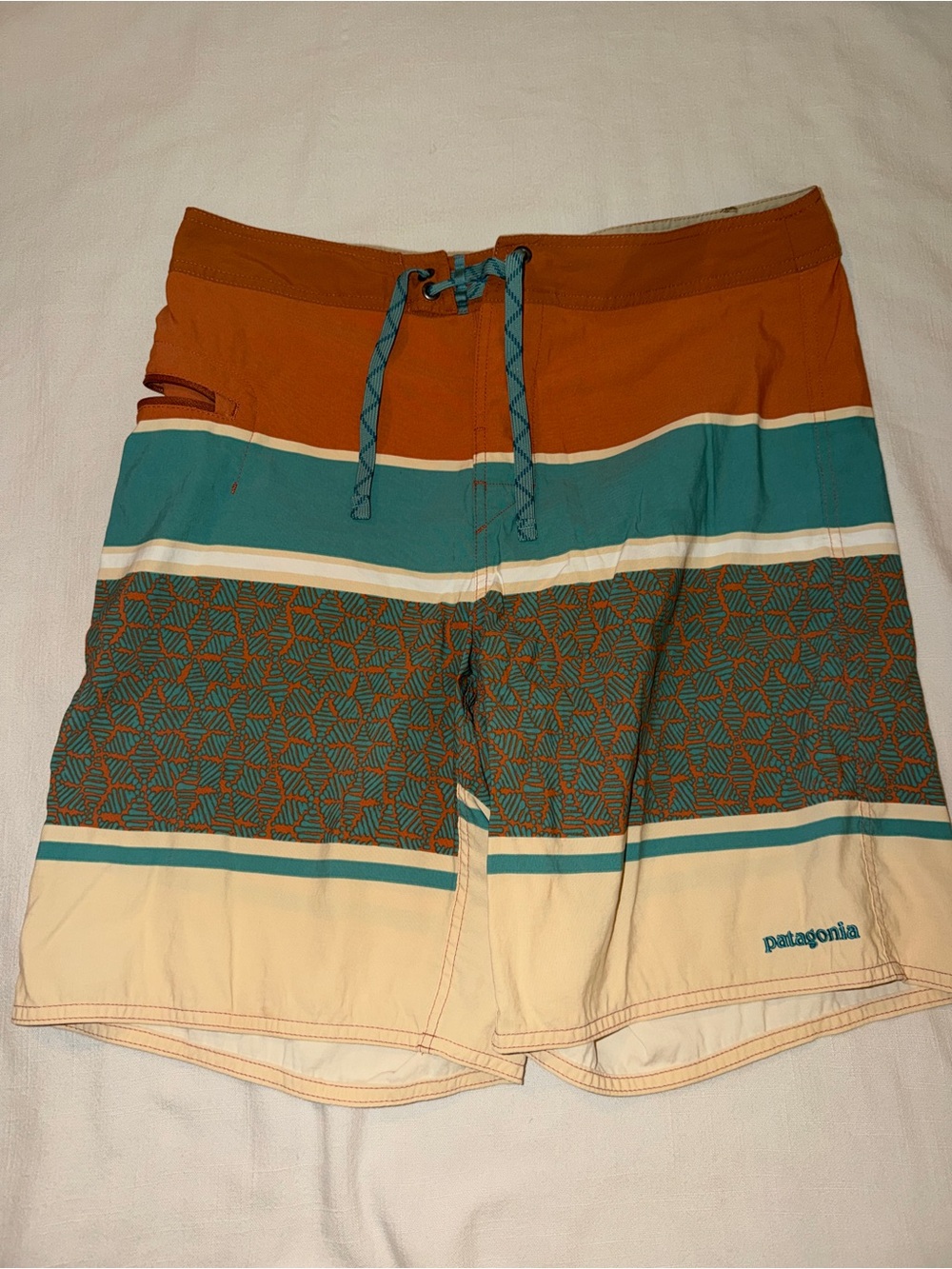 Patagonia Men's Rust, Teal & Cream Striped Board Shorts
